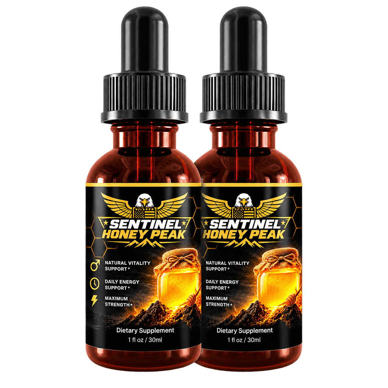Two bottles of Sentinel Honey Peak Drops